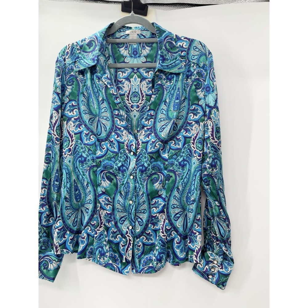 CACHE Silk Blouse Womens L Blue Paisley Psychedelic Rave Cowboy Glam Retro Pearl - Picture 2 of 9
